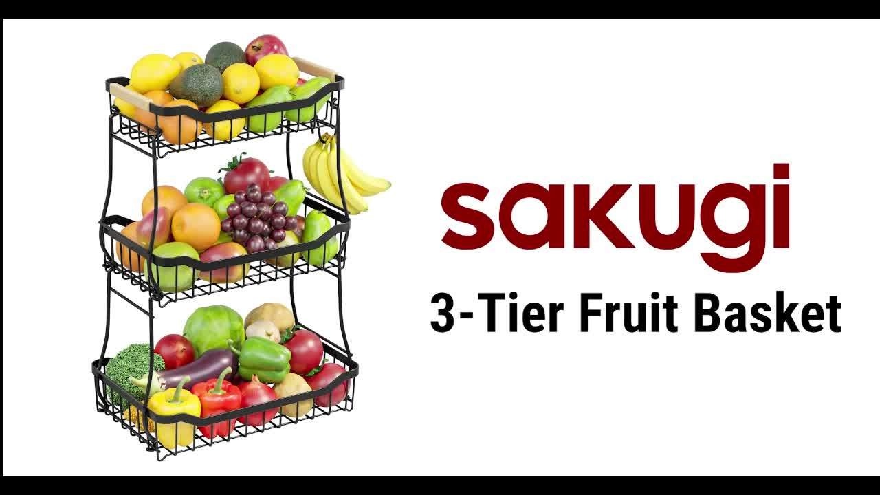Fruit Basket with Banana Hook, 2 & 3 Tier Metal Stand, Removable Tiers, Wooden Handle, Kitchen Countertop Organizer for Fruits, Vegetables & Bread