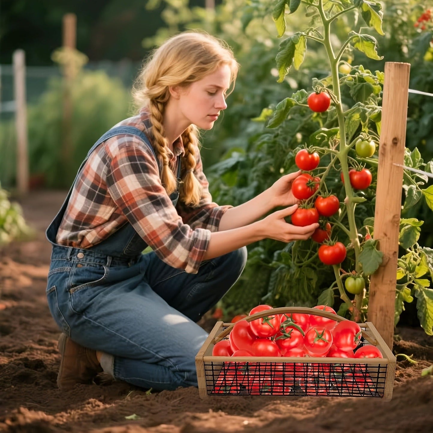 Garden Harvest Basket with Metal Mesh Body, Wooden Ends, Carry Handle and Small or Large Black Options