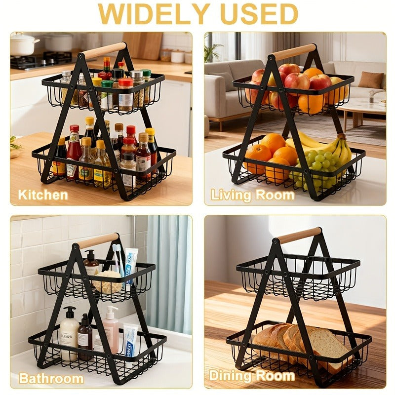 Tiered Fruit Basket with Removable Wooden Handles – 2 or 3 Tier Metal Kitchen Counter Organizer for Produce, Bread & Snacks