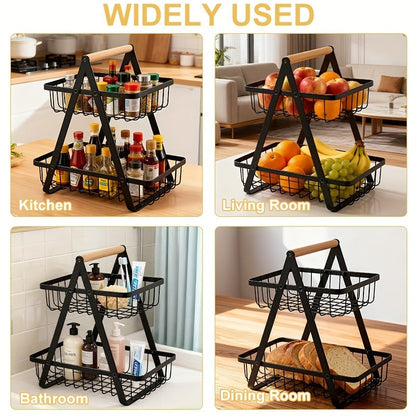 Tiered Fruit Basket with Removable Wooden Handles – 2 or 3 Tier Metal Kitchen Counter Organizer for Produce, Bread & Snacks