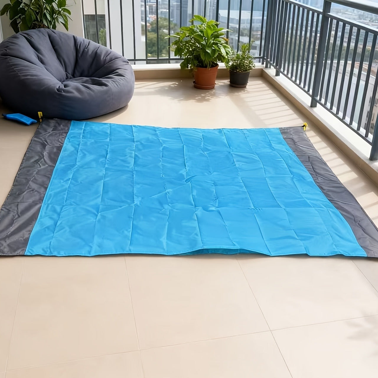 210 x 200cm Picnic Mat with Blue Center Panel, Grey Border, Drawstring Carry Pouch and Ground Stakes