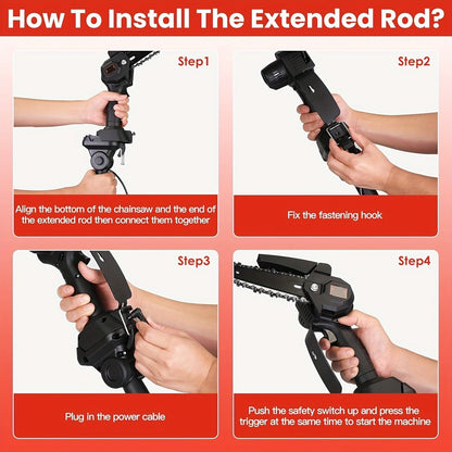 Cordless 4- and 6-Inch Pole Saw with Three Extension Sections, 90° Head, Two Batteries and Two Colors
