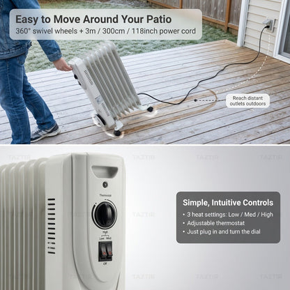 1500W Oil-Filled Radiator Heater with 600W, 900W and 1500W Modes, Thermostat and Caster Wheels