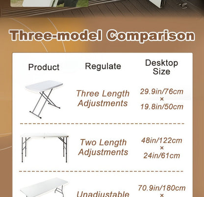 Folding Table 4ft and 6ft White Plastic Top with Black Metal Legs, Carry Handle and Adjustable Height