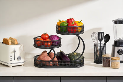 Countertop Fruit Bowl 3-Tier Round Metal Wire Stand | Kitchen Storage Organizer for Fruits Vegetables Bread Snacks | Space-Saving Produce Rack
