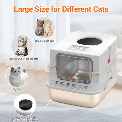 Stainless Steel Cat Litter Box with Lid - Extra Large 68L Enclosed & Semi-Open Modular System, 304 Steel Non-Stick Easy Clean, Charcoal Filter, Litter Mat & Scoop Included, Indoor XL Pet Toilet
