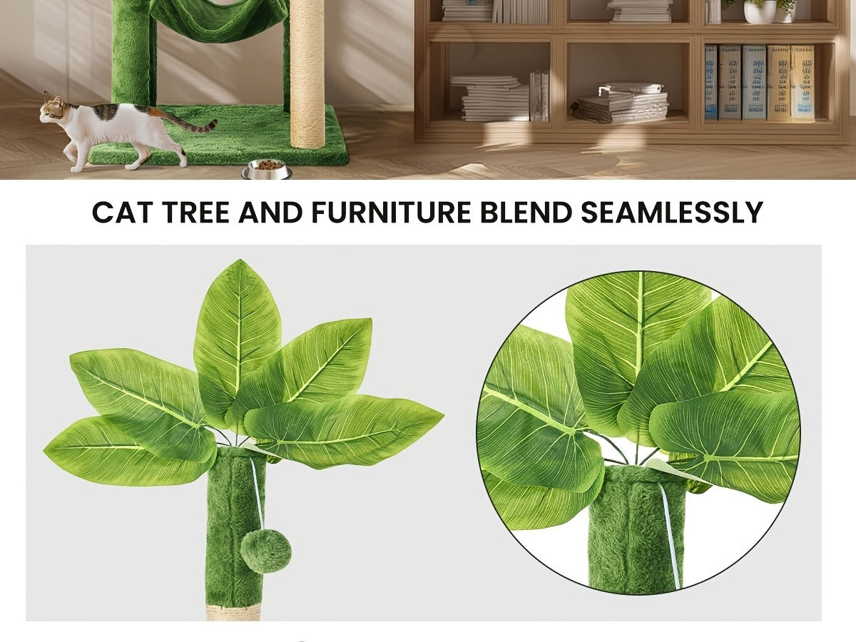Cat Tree 55" Large Multi-Level Cat Tower for Indoor Cats with Green Leaves, Hammock, Sisal Scratching Posts & Hanging Ball Toy – Cat Furniture for Living Room