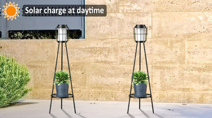 Solar Floor Lamp with Metal Plant Stand 36 Inch Outdoor Solar Light Flower Shelf for Patio Deck Yard Garden Outdoor Decor Gift Set of 2