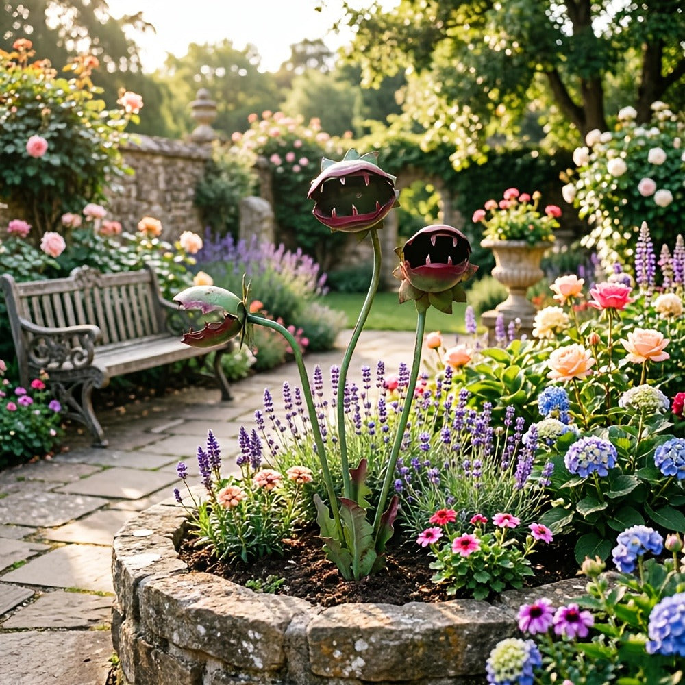 Three-Head Flower-Monster Garden Stake with Pictured 25.19-Inch Height for Planter, Lawn or Patio Display