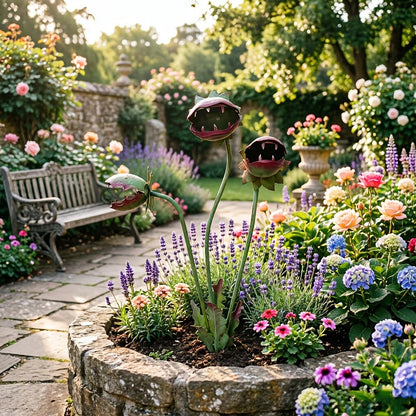 Three-Head Flower-Monster Garden Stake with Pictured 25.19-Inch Height for Planter, Lawn or Patio Display
