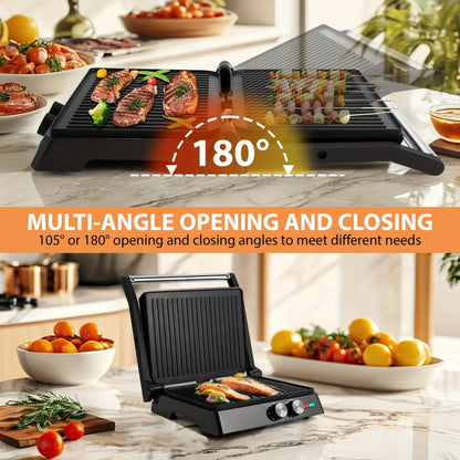 Sandwich Maker 3-in-1 Mini Indoor Grill & Panini Press – Non-Stick 180° Opening, Floating Hinge, 60-Min Timer, Temp Control & Grease Tray | Compact Electric Grill for Home & Dorm