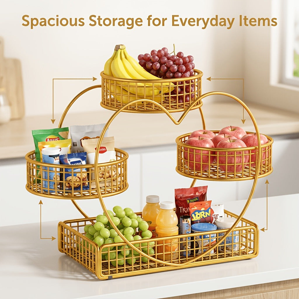Wire Fruit Stand 3-Tier Golden Metal Basket | Large Capacity Kitchen Counter Organizer for Fruits Vegetables Bread Snacks Produce