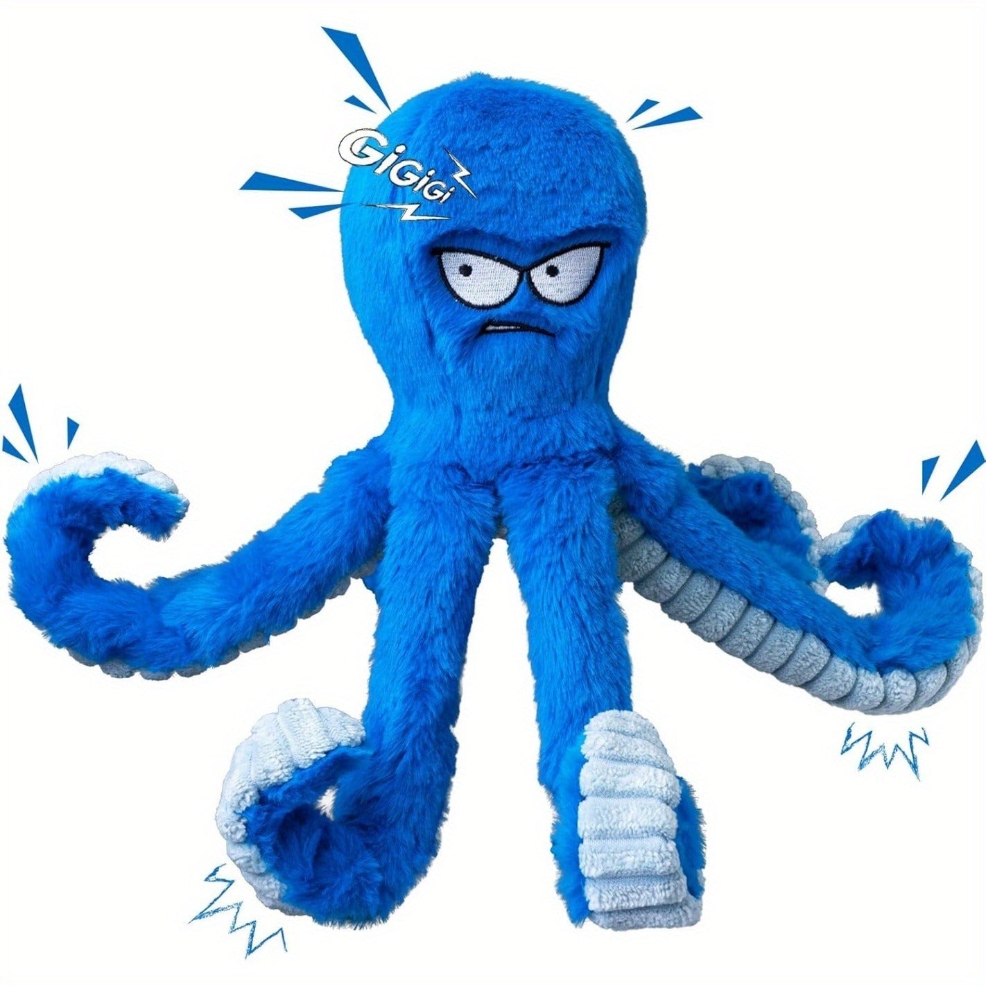 Dog Toy Octopus Plush with Built-In Squeaker and Crinkle Texture in Blue or Yellow with 1, 2 or 4-Pack Options