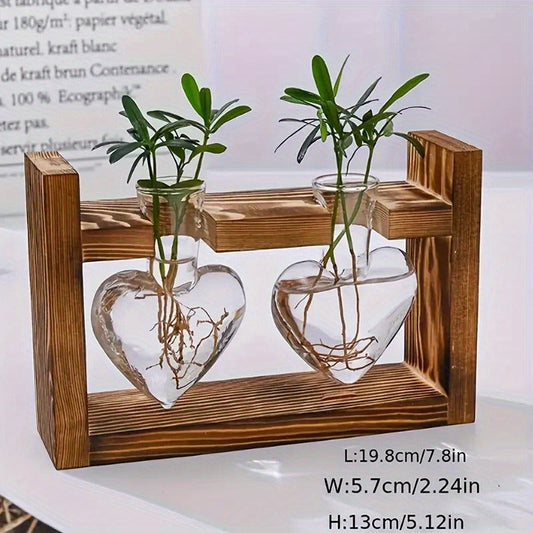 Hydroponic Flower Vase with Wooden Frame Heart-Shaped Pine Glass Bottle for Living Room Desk Home Decor Holiday Gift Single/Double/Triple