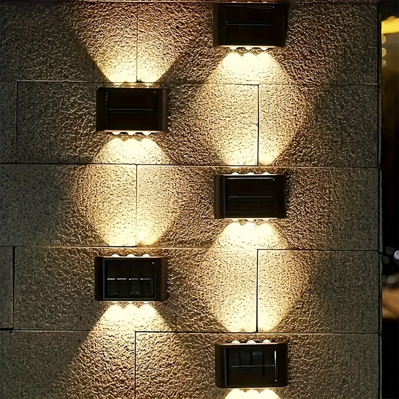 Eight-Pack Solar Wall Lights with Six LEDs Each, Up-and-Down Beams and Warm or White Light Options