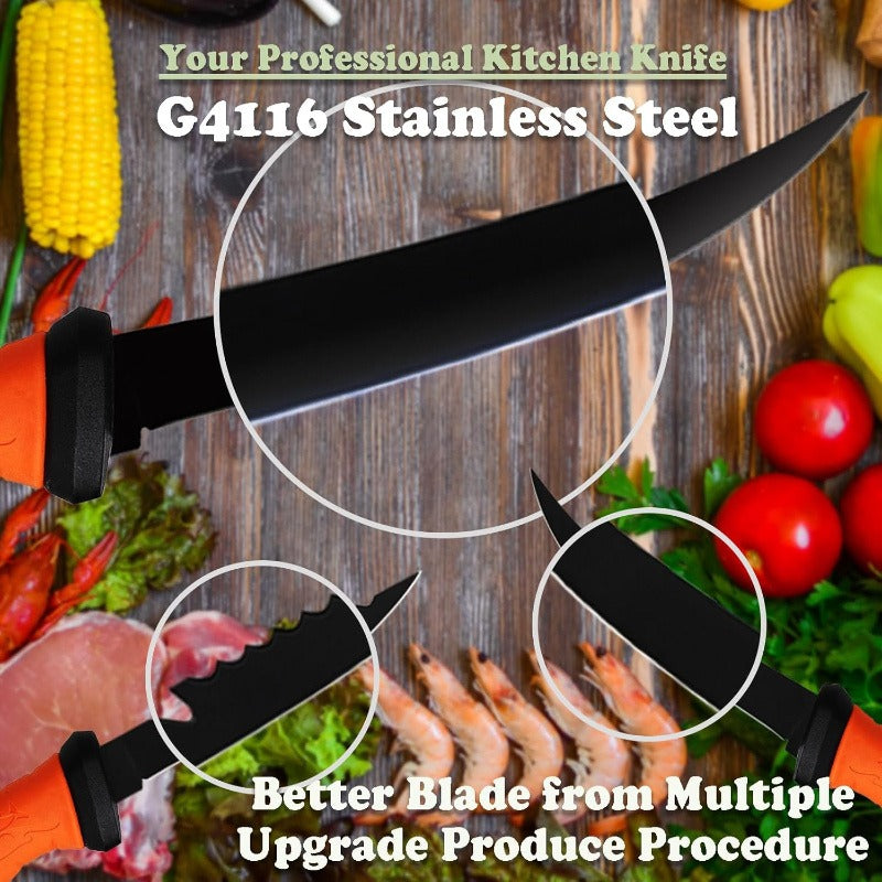Three-Piece Stainless Steel Fishing Knife Set with 4.5 to 6.5 Inch Green-Handled Fillet Blades