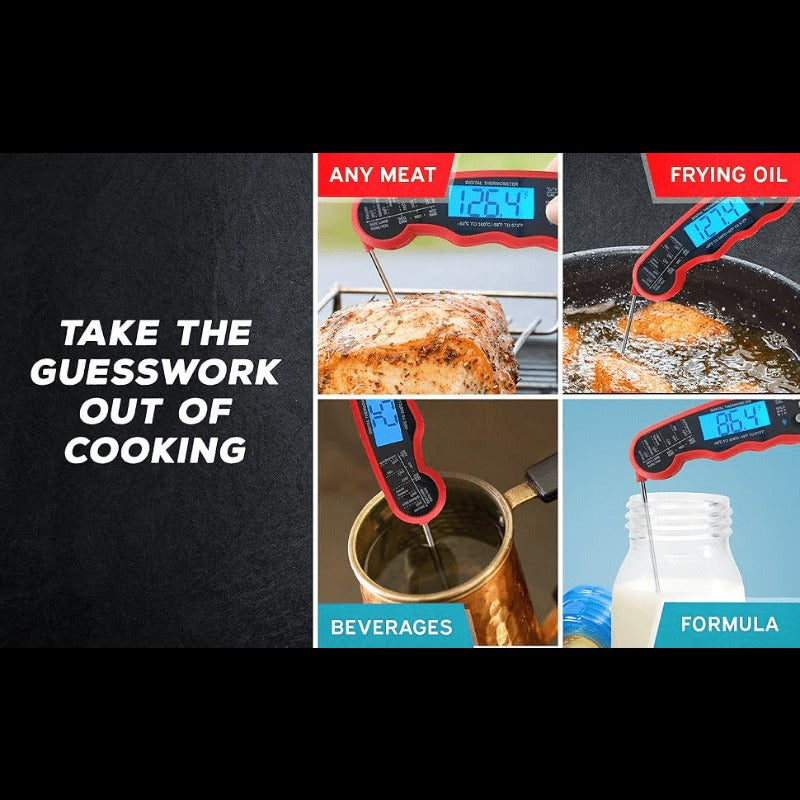 Red and Black Folding Digital Food Thermometer with Backlit Display, Calibration Mode, Unit Switch and Hanging Loop