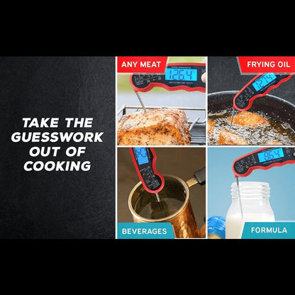 Red and Black Folding Digital Food Thermometer with Backlit Display, Calibration Mode, Unit Switch and Hanging Loop