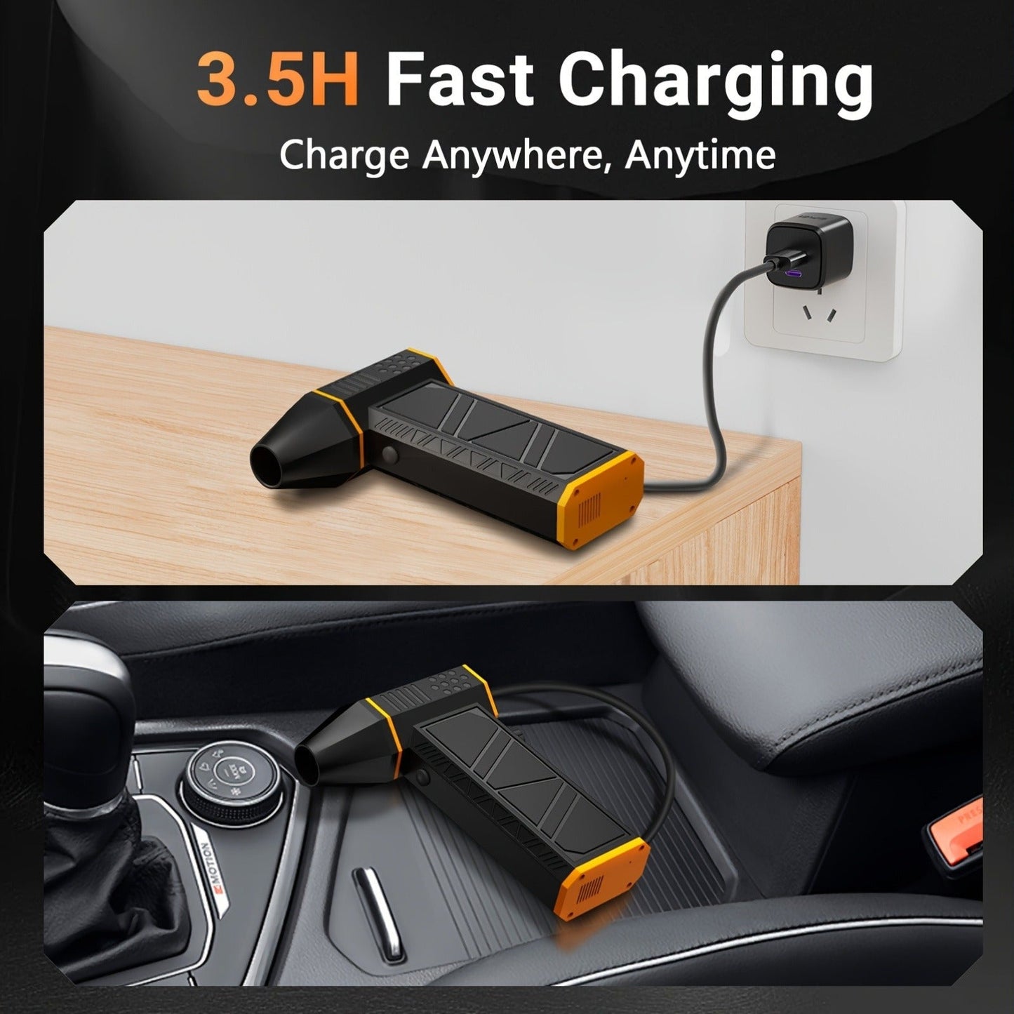 Electric Air Duster 130000RPM Rechargeable Handheld Blower, 3-Speed Wireless Turbine Fan for Computer Keyboard, Car & Home Cleaning — Black & Orange