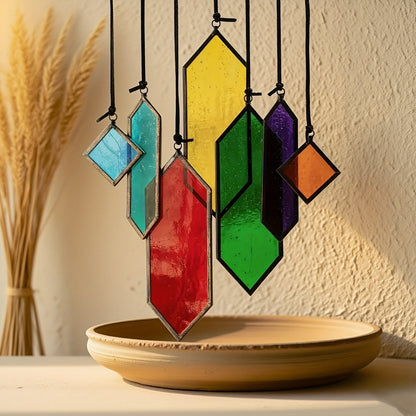 Hanging Geometric Color-Panel Suncatcher Ornament in Multicolor or Blue Checkout Options for Window and Garden Display