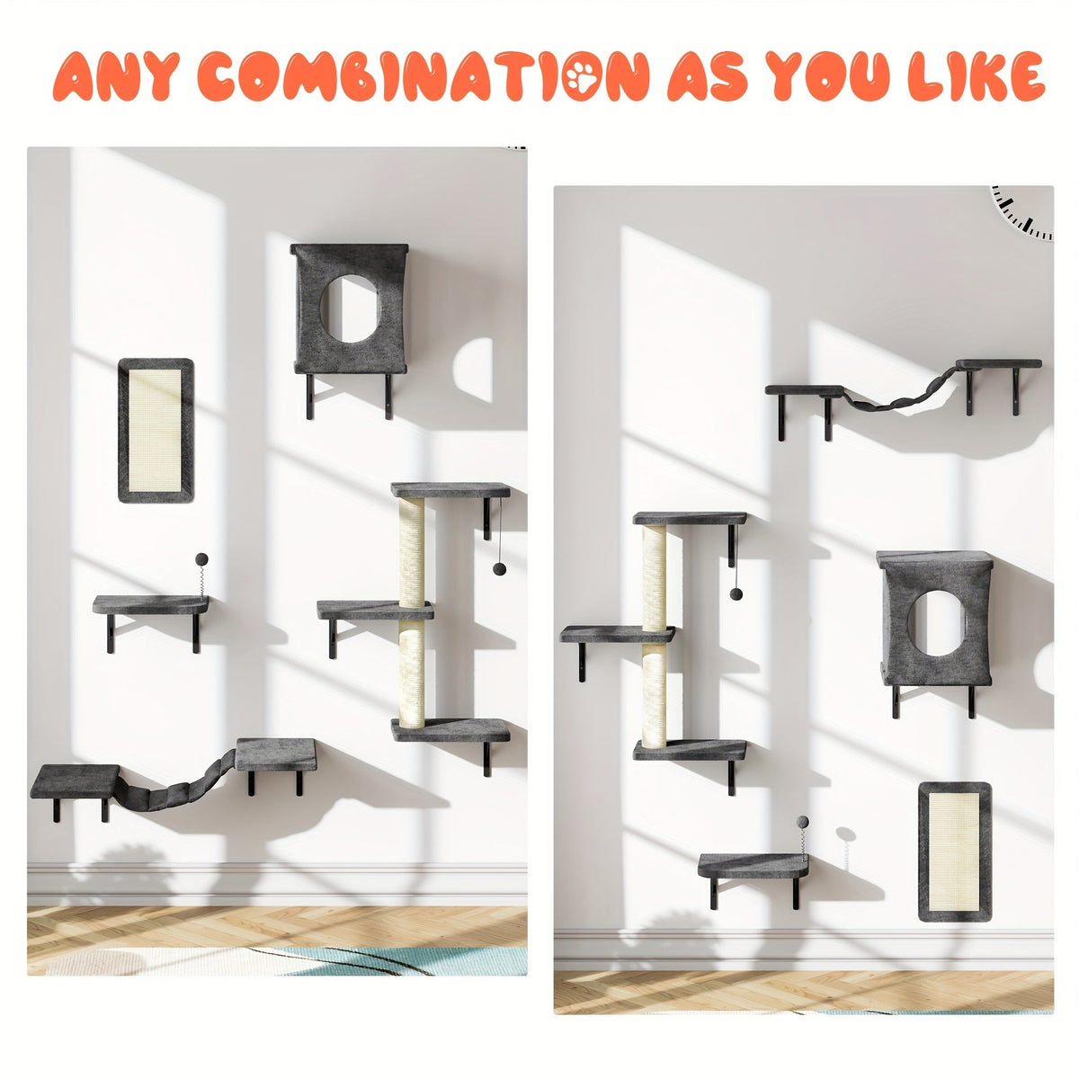 Five-Piece Wall-Mounted Cat Furniture Set with Open Perches, Suspended Bridge and Enclosed Cube