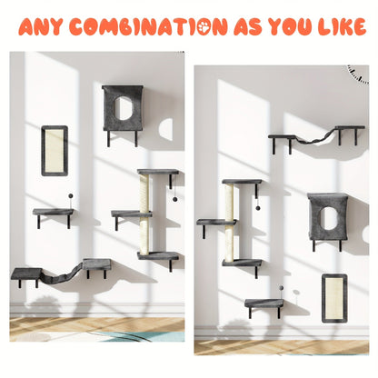 Five-Piece Wall-Mounted Cat Furniture Set with Open Perches, Suspended Bridge and Enclosed Cube