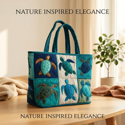 Sea Turtle Patchwork Tote Bag with Quilted Panels, Teal Handles and 17 x 15.75-Inch Checkout Size