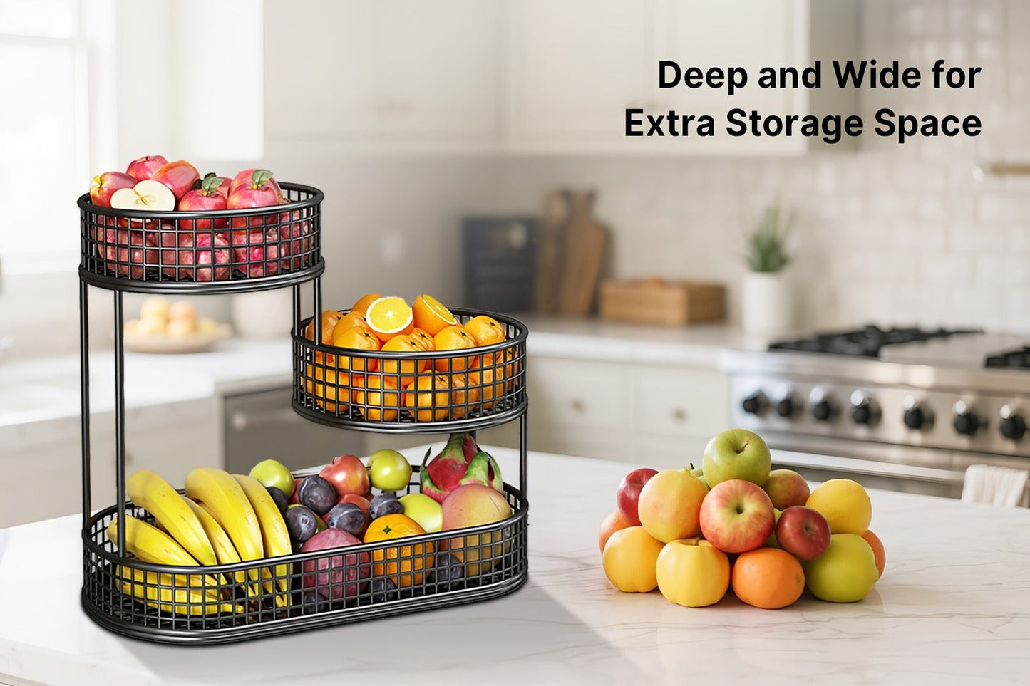 Three-Tier Black Wire Fruit Basket with Staggered Round Bowls and Rectangular Countertop Base