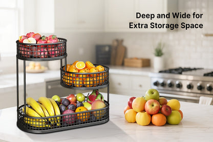 Three-Tier Black Wire Fruit Basket with Staggered Round Bowls and Rectangular Countertop Base