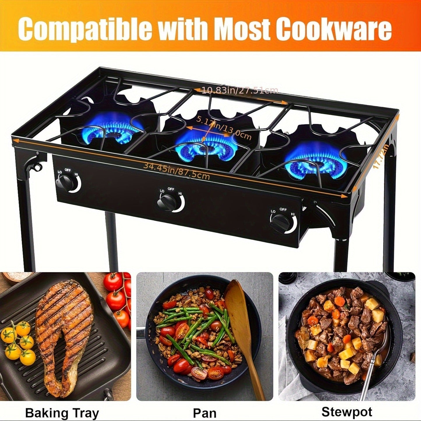 Outdoor Propane Burner Stand with One- or Three-Burner Layout, Removable Legs and 0–20 PSI Regulator Hose