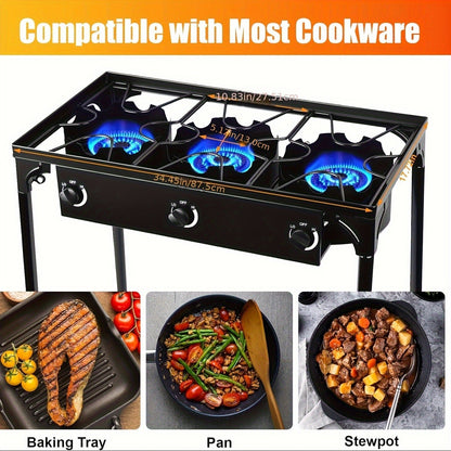 Outdoor Propane Burner Stand with One- or Three-Burner Layout, Removable Legs and 0–20 PSI Regulator Hose