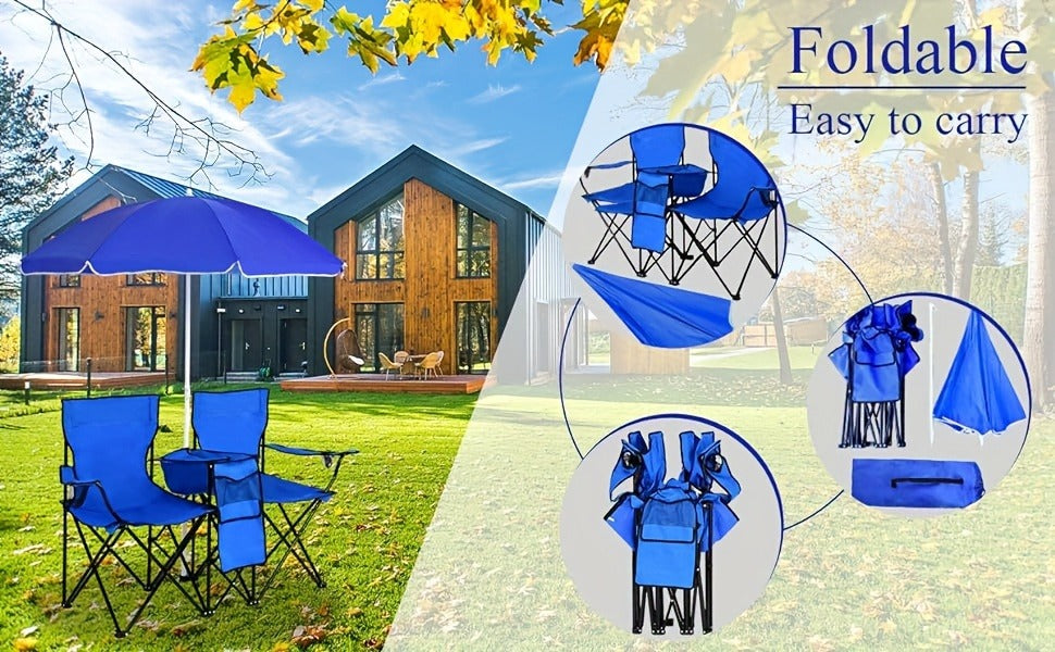 Folding Picnic Chair Set for 2 | Umbrella, Cooler Bag & Table, 600 Lbs Capacity, Portable