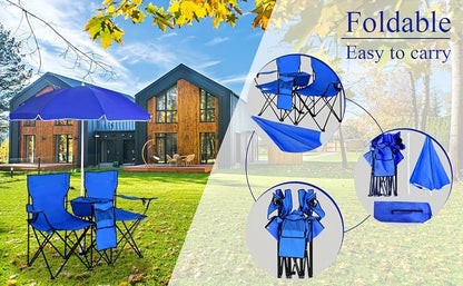 Folding Picnic Chair Set for 2 | Umbrella, Cooler Bag & Table, 600 Lbs Capacity, Portable