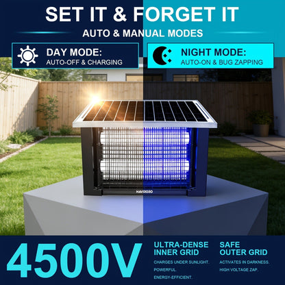 Rectangular Solar Bug Zapper with Blue Grid Light, Panel Top, Ground Stand and Hanging Chain in Black