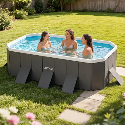 Large Rectangular Frame Pool – Non-Inflatable Backyard Swimming Pool with Drain