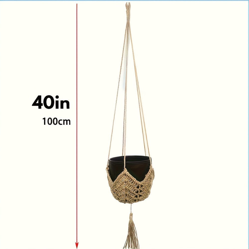 Macrame Plant Hanger with Tassels, Bohemian Cotton Rope Crochet Wall Basket, Indoor Outdoor Hanging Planter with Hooks, Boho Home Decor
