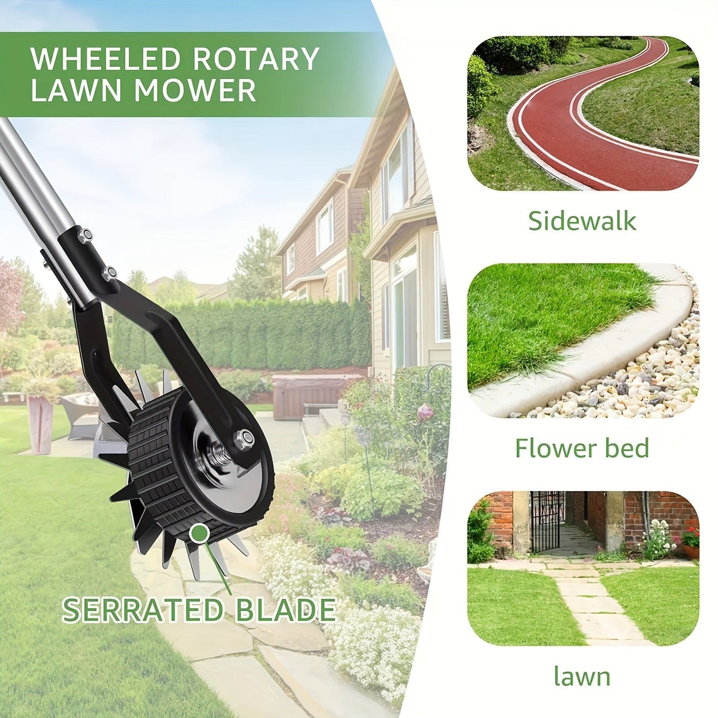 Manual Wheeled Lawn Edger with Rotary Cutting Wheel and Three- or Four-Section Adjustable Handle