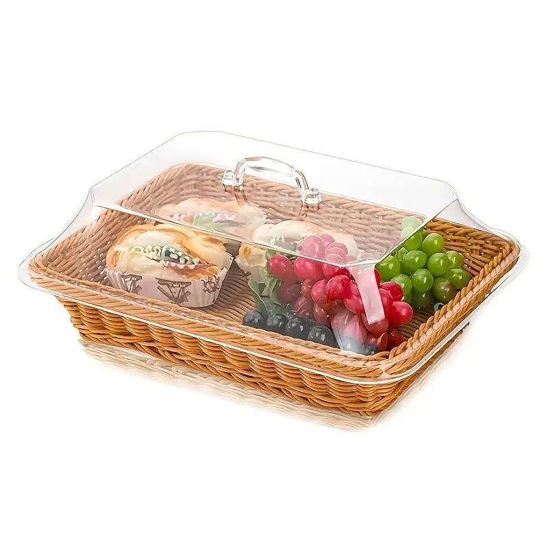 Wicker Bread and Fruit Storage Basket with Clear Acrylic Lid in Square or Round Checkout Shapes