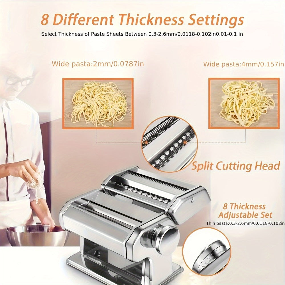 Pasta Machine with 8 Adjustable Thickness Settings, 2-in-1 Stainless Steel Manual Pasta Maker with Roller & Cutter