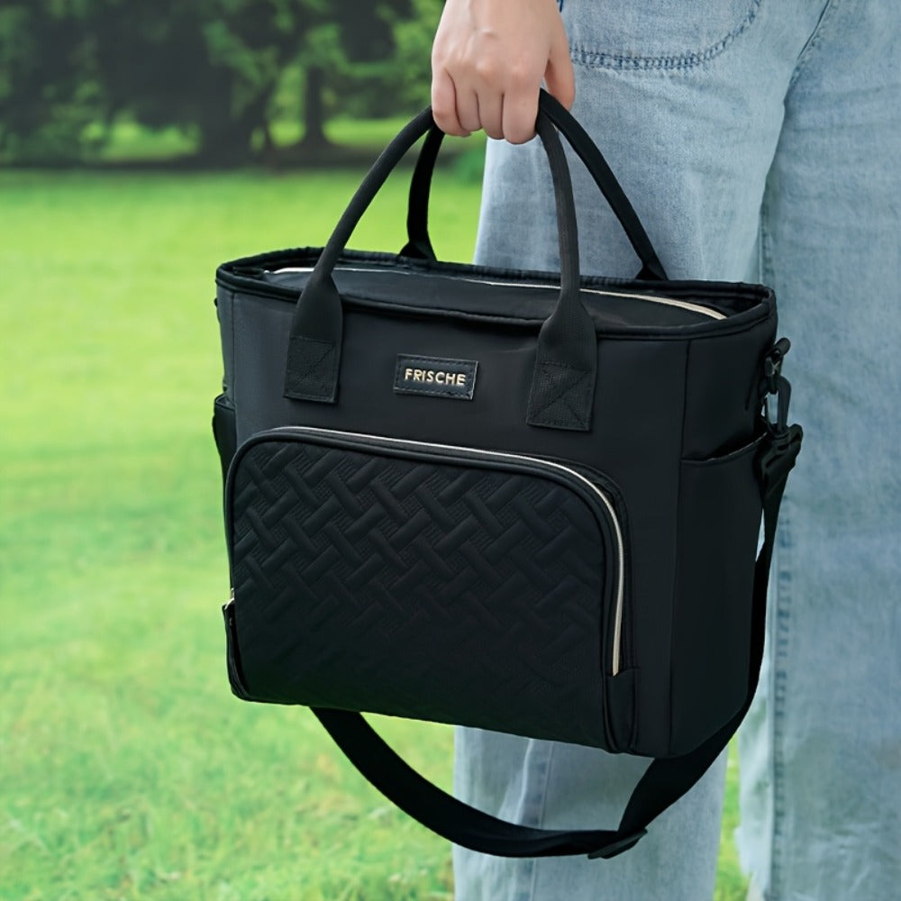11L Quilted Lunch Bag Tote with Front Zipper Pocket, Side Tissue Pocket, Strap and Four Colors