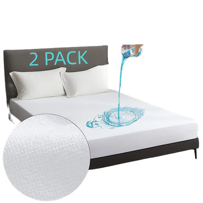 Waterproof Mattress Protector 2 Pack - Soft Microfiber Terry Cover, Noiseless Washable Fitted Sheet 8"-14" Deep Pocket, Twin Full Queen King