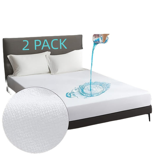 Waterproof Mattress Protector 2 Pack - Soft Microfiber Terry Cover, Noiseless Washable Fitted Sheet 8"-14" Deep Pocket, Twin Full Queen King