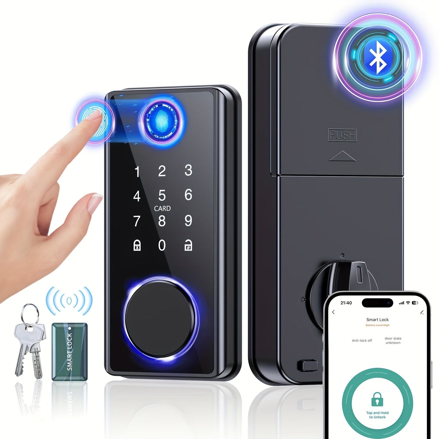 Smart Door Lock Five-Method Deadbolt with Fingerprint PIN IC Card App Key and 100-User Capacity