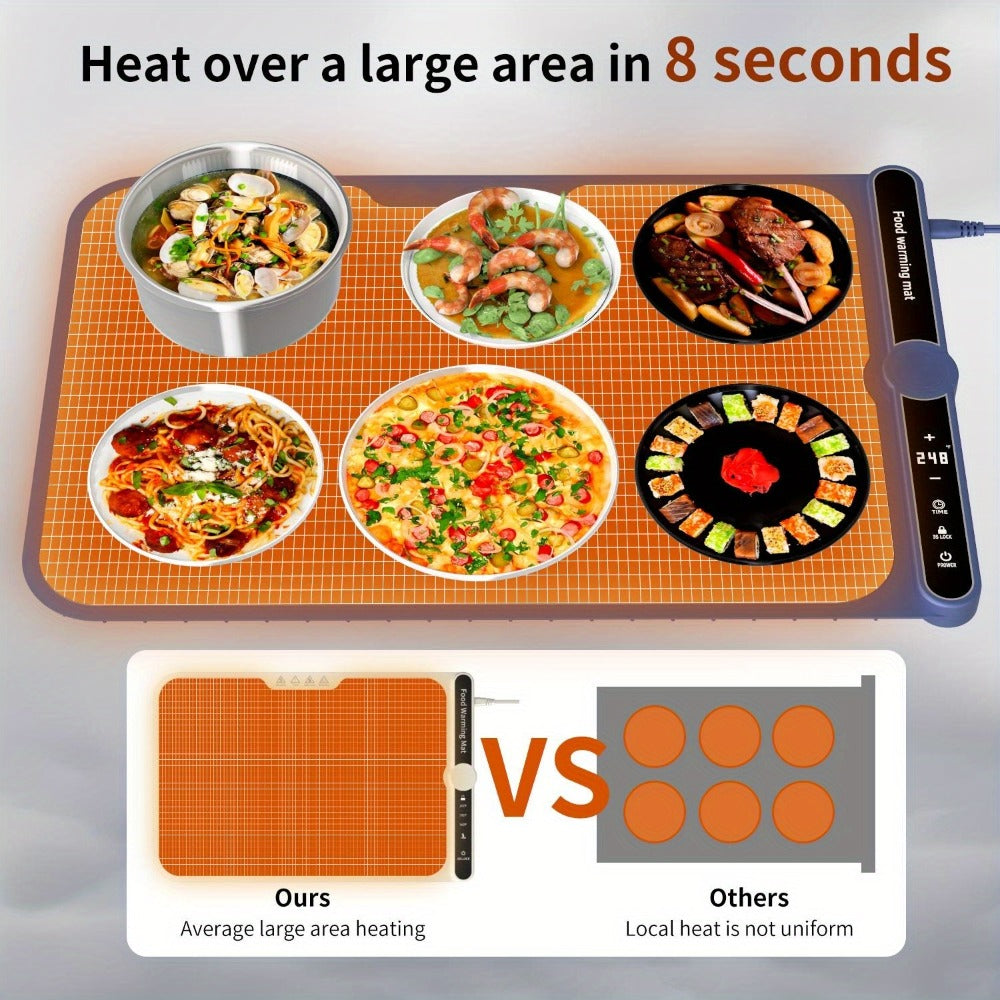 Electric Food Warming Mat with 6 Temperature Levels & 6-Hour Timer – Full Surface Roll-Up Heating Tray for Holiday Parties Buffets Dining Table Keeps Food Warm Blue Beige