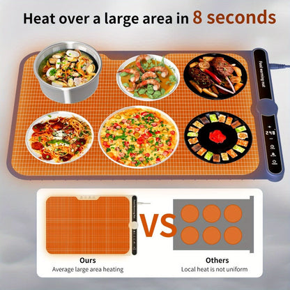 Electric Food Warming Mat with 6 Temperature Levels & 6-Hour Timer – Full Surface Roll-Up Heating Tray for Holiday Parties Buffets Dining Table Keeps Food Warm Blue Beige