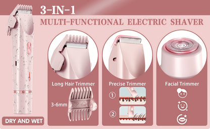 Electric Hair Trimmer for Women Dual Head IPX7 Waterproof USB Rechargeable Painless Bikini Trimmer Face Body Shaver Arms Legs Underarm Bikini Line Sensitive Skin Pink Special Edition Gift Set