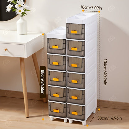 Storage Cabinet Slim PP Drawer Tower with Wheels, Pull-Out Bins and Three, Four or Five Layers