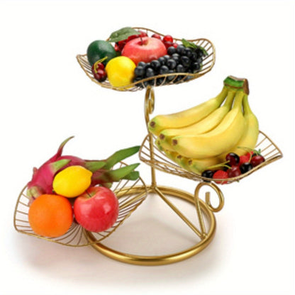 Three-Tier Golden Metal Wire Fruit Basket Stand with Lotus-Leaf Bowls, 46.5 cm Wide Countertop Design