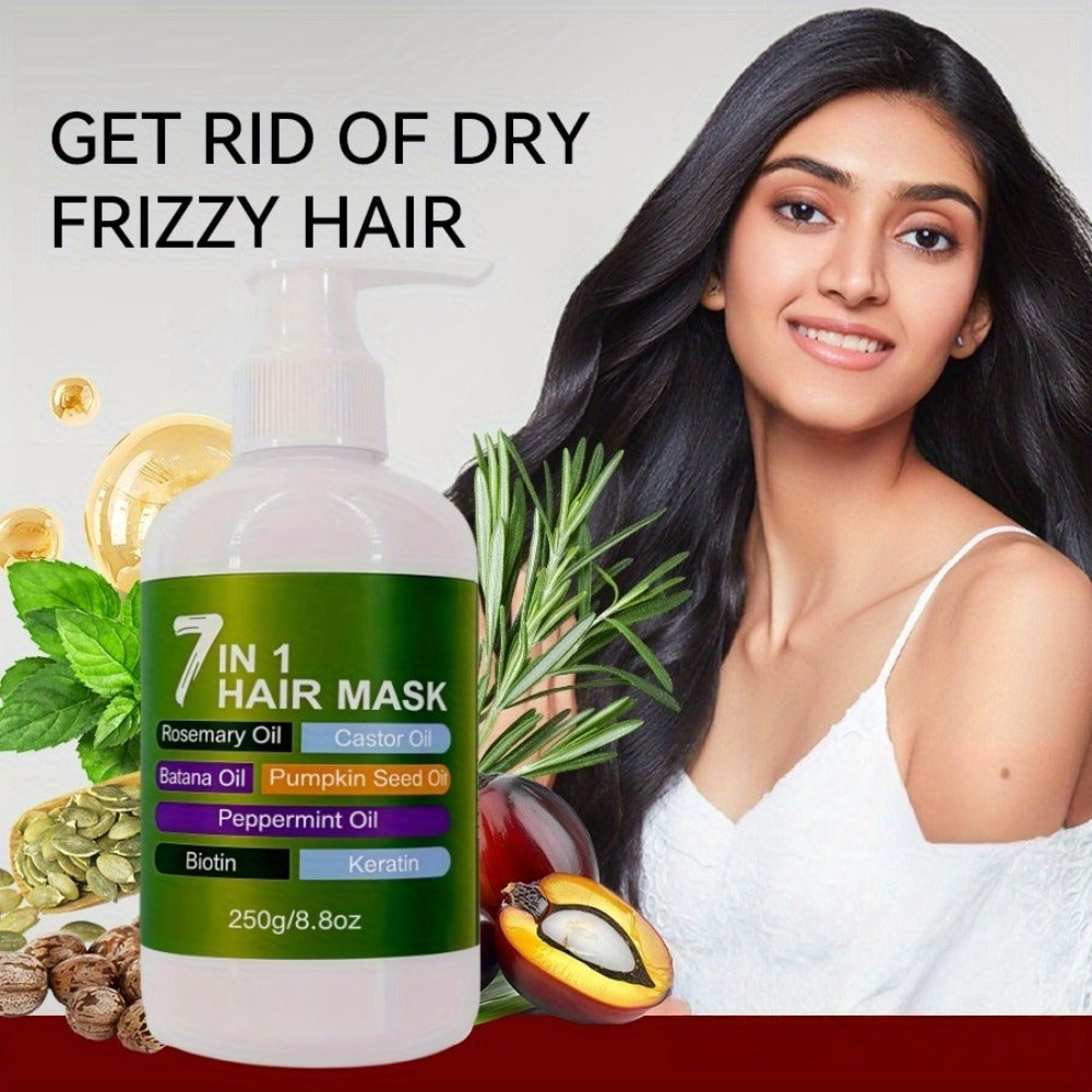 250g 7-in-1 Hair Mask in White Pump Bottle with Rosemary, Batana, Castor and Peppermint Oils