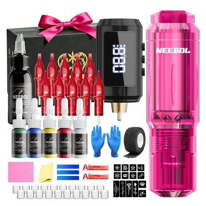 Tattoo Gun Kit Neebol Cordless Wireless 1600mAh Battery 20 Cartridge Needles 8 Inks White Soap Complete Tattoo Machine Set for Beginners & Artists Body Art Gift